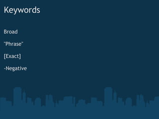 Keywords Broad &quot;Phrase&quot; [Exact] -Negative 