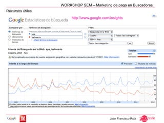 WORKSHOP SEM – Marketing de pago en Buscadores
Recursos útiles
                       http://www.google.com/insights




                                             Juan Francisco Ruiz
 