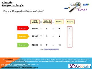 A YAGOOBIN é uma agência que presta consultoria em Marketing Digital de uma maneira Inteligente, gerando soluções
inovadoras e criativas de publicidade online, com planos acessíveis e personalizados para cada tipo de negócio.
Rua Ituboré 16 - Jardim Marajoara - São Paulo - S.P.
Tels: (11) 5523-1112 / 99892-5477
contato@yagoobin.com.br / mkt@yagoobin.com.br
Como o Google classifica os anúncios?
Adwords
Campanha Google
 