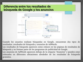 Diferencia entre los resultados deDiferencia entre los resultados de
búsqueda de Google y los anunciosbúsqueda de Google y los anuncios
Cuando  los  usuarios  realizan  búsquedas  en  Google,  encuentran  dos  tipos  de 
resultados: resultados de búsqueda y anuncios de AdWords. 
Los resultados de búsqueda aparecen como enlaces en las páginas de resultados de 
búsqueda y no forman parte de los programas de publicidad de Google. 
Los anuncios de AdWords aparecen debajo de la etiqueta "Anuncios" y pueden estar 
colocados  en  diferentes  ubicaciones  alrededor  de  los  resultados  de  búsqueda 
gratuitos.
 