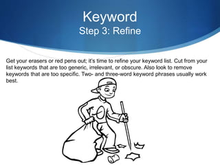 Keyword
Step 3: Refine
Get your erasers or red pens out; it’s time to refine your keyword list. Cut from your
list keyword...