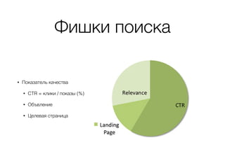 Фишки поиска
• Показатель качества
• CTR = клики / показы (%)
• Объвление
• Целевая страница
 