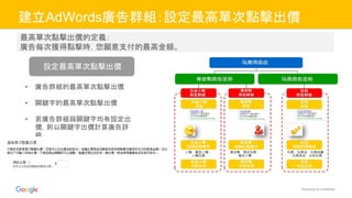 Proprietary & Confidential
建立AdWords廣告群組：設定最高單次點擊出價
設定最高單次點擊出價
最高單次點擊出價的定義：
廣告每次獲得點擊時，您願意支付的最高金額。
• 廣告群組的最高單次點擊出價
• 關鍵字的最高單次點擊出價
• 若廣告群組與關鍵字均有設定出
價，則以關鍵字出價計算廣告評
級。
 