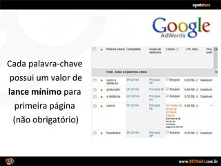 Cada palavra-chave  possui um valor de lance mínimo  para  primeira página  (não obrigatório) 