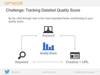 Google Confidential and Proprietary 2828Confidential and Proprietarywww.Optmyzr.com@optmyzr
Challenge: Tracking Detailed Quality Score
By far, click-through rate is the most important factor contributing to your
quality score.
Account
Creative + URLKeyword
Quality Score
 