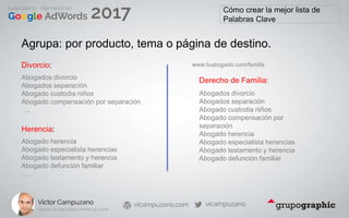 Cómo crear la mejor lista de
Palabras Clave
Agrupa: por producto, tema o página de destino.
Divorcio:
Derecho de Familia:Abogados divorcio
Abogados separación
Abogado custodia niños
Abogado compensación por separación
….
Abogados divorcio
Abogados separación
Abogado custodia niños
Abogado compensación por
separación
Abogado herencia
Abogado especialista herencias
Abogado testamento y herencia
Abogado defunción familiar
Herencia:
Abogado herencia
Abogado especialista herencias
Abogado testamento y herencia
Abogado defunción familiar
….
www.tuabogado.com/familia
 