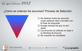 ¿Cómo se ordenan los anuncios? Proceso de Selección
① Se obtienen todos los anuncios
cuyas palabras clave coinciden con
la frase de búsqueda.
② Google rechaza los que no son
aptos.
③ Los anuncios se ordenan en base a
su Ranking de Anuncio
④ Se muestran los resultados
 