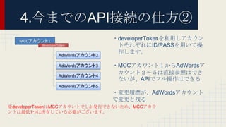 4.今までのAPI接続の仕方②
・developerTokenを利用しアカウン
トそれぞれにID/PASSを用いて操
作します。
・MCCアカウント１からAdWordsア
カウント２～５は直接参照はでき
ないが、APIでフル操作はできる
・変更履歴が、AdWordsアカウント
で変更と残る
※developerTokenはMCCアカウントでしか発行できないため、MCCアカウ
ントは最低1つは所有している必要がございます。
 