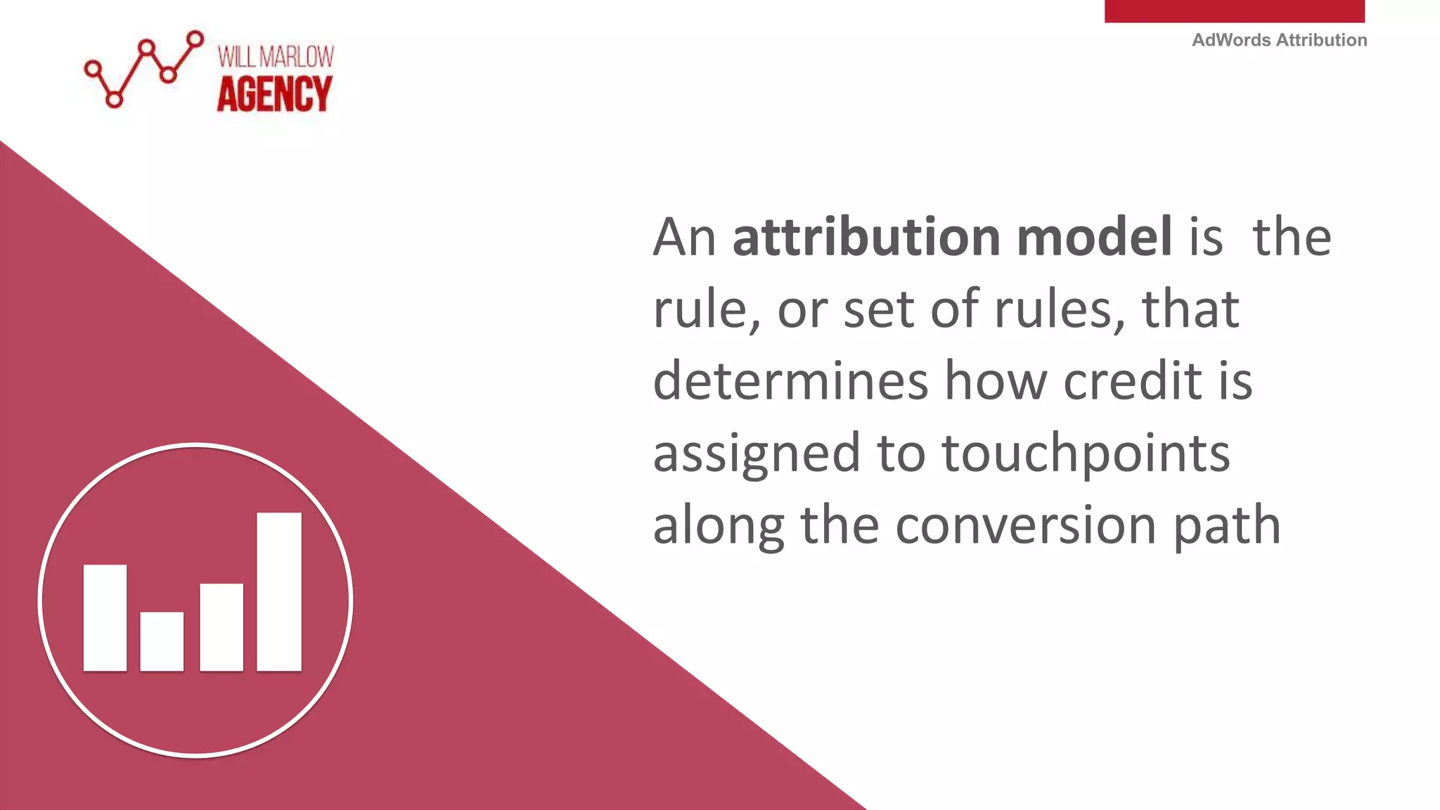 AdWords Attribution
An attribution model is the
rule, or set of rules, that
determines how credit is
assigned to touchpoints
along the conversion path
 