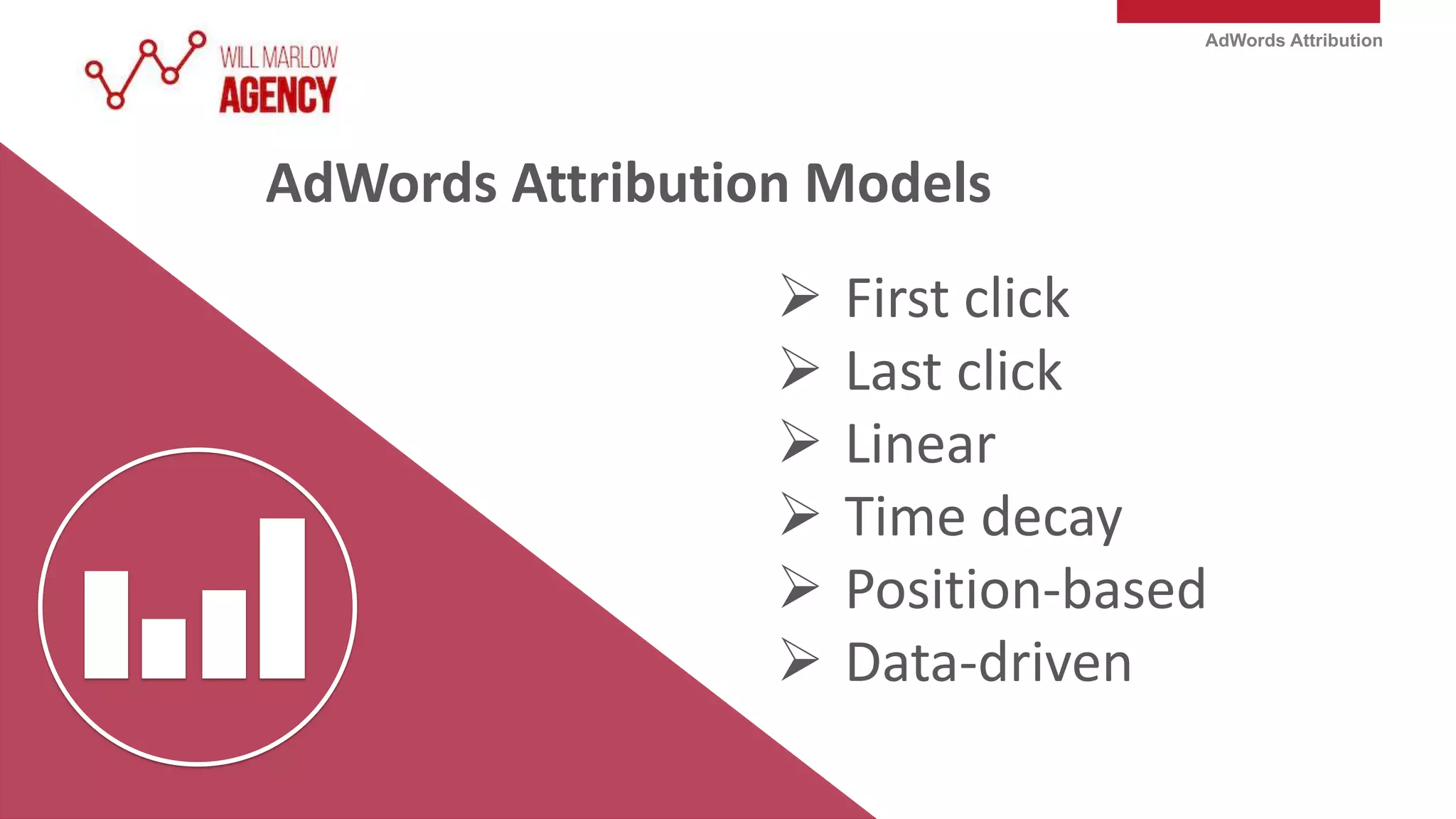 AdWords Attribution
 First click
 Last click
 Linear
 Time decay
 Position-based
 Data-driven
AdWords Attribution Models
 