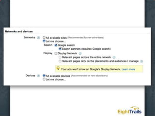 Create an Account the Right Way the First TimeUse the Load Settings option to choose Search Network OnlyName your campaignSet your LocationsSet your LanguagesLeave the Networks and Devices as it isLeave Bidding Options set to BasicChoose Manual BiddingSet Daily BudgetLeave Delivery Method set to StandardAd Extensions