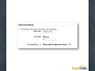 Create an Account the Right Way the First TimeUse the Load Settings option to choose Search Network OnlyName your campaignSet your LocationsSet your LanguagesLeave the Networks and Devices as it isLeave Bidding Options set to BasicChoose Manual BiddingSet Daily BudgetLeave Delivery Method set to StandardAd Extensions