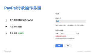 Confidential & Proprietary
PayPal付款操作界面
❖ 客户选定付款方式为PayPal
❖ 对应货币：美金
❖ 最低金额：US$10
 