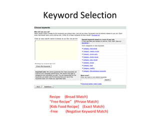 Keyword Selection Recipe  (Broad Match) “Free Recipe”  (Phrase Match) [Kids Food Recipe]  (Exact Match) -Free (Negative Keyword Match) 