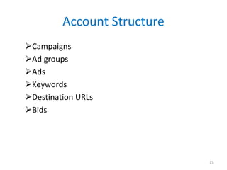 Account Structure
Campaigns
Ad groups
Ads
Keywords
Destination URLs
Bids
21
 