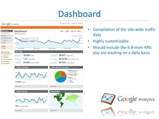Dashboard
• Compilation of the site-wide traffic
data
• Highly customizable
• Should include the 6-8 main KPIs
you are tra...