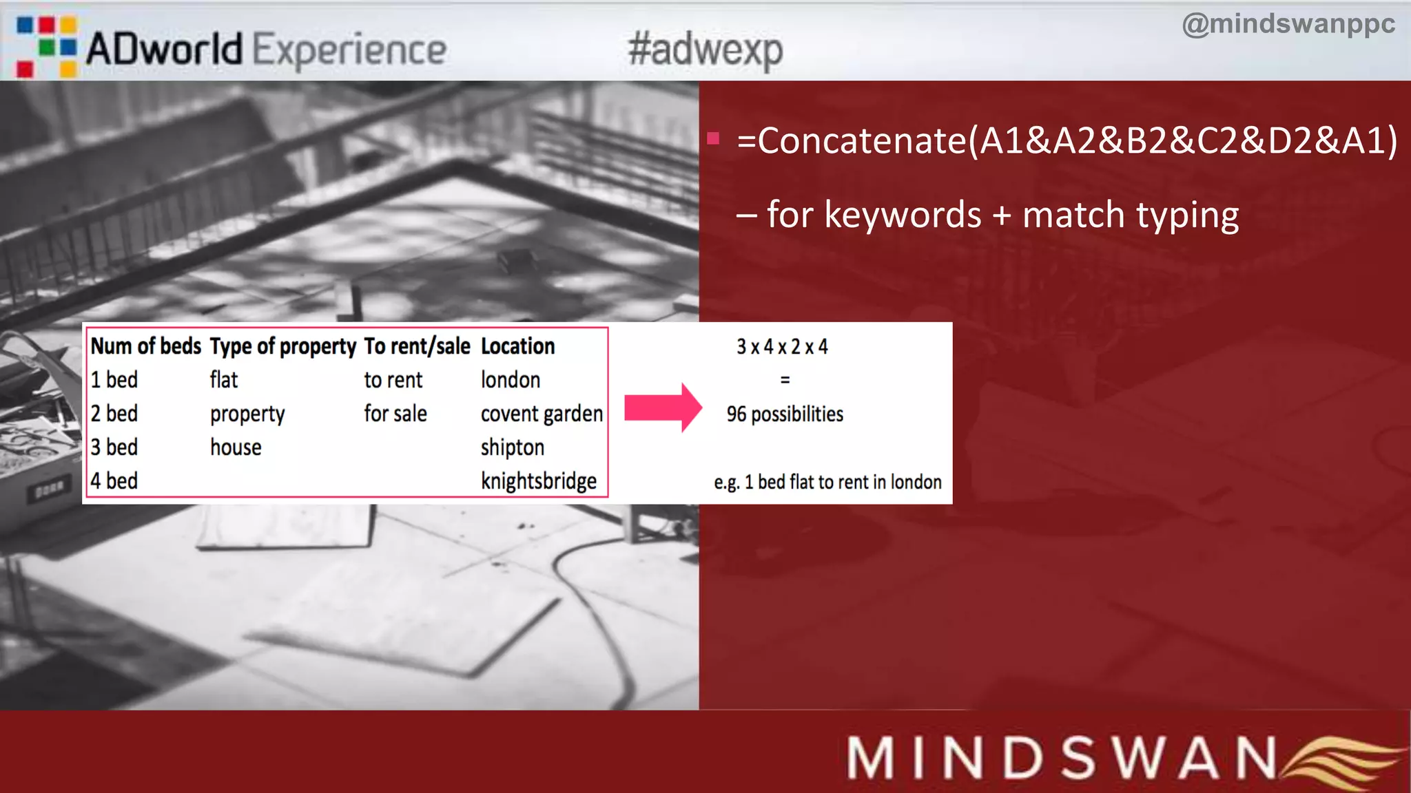  =Concatenate(A1&A2&B2&C2&D2&A1)
– for keywords + match typing
@mindswanppc
 