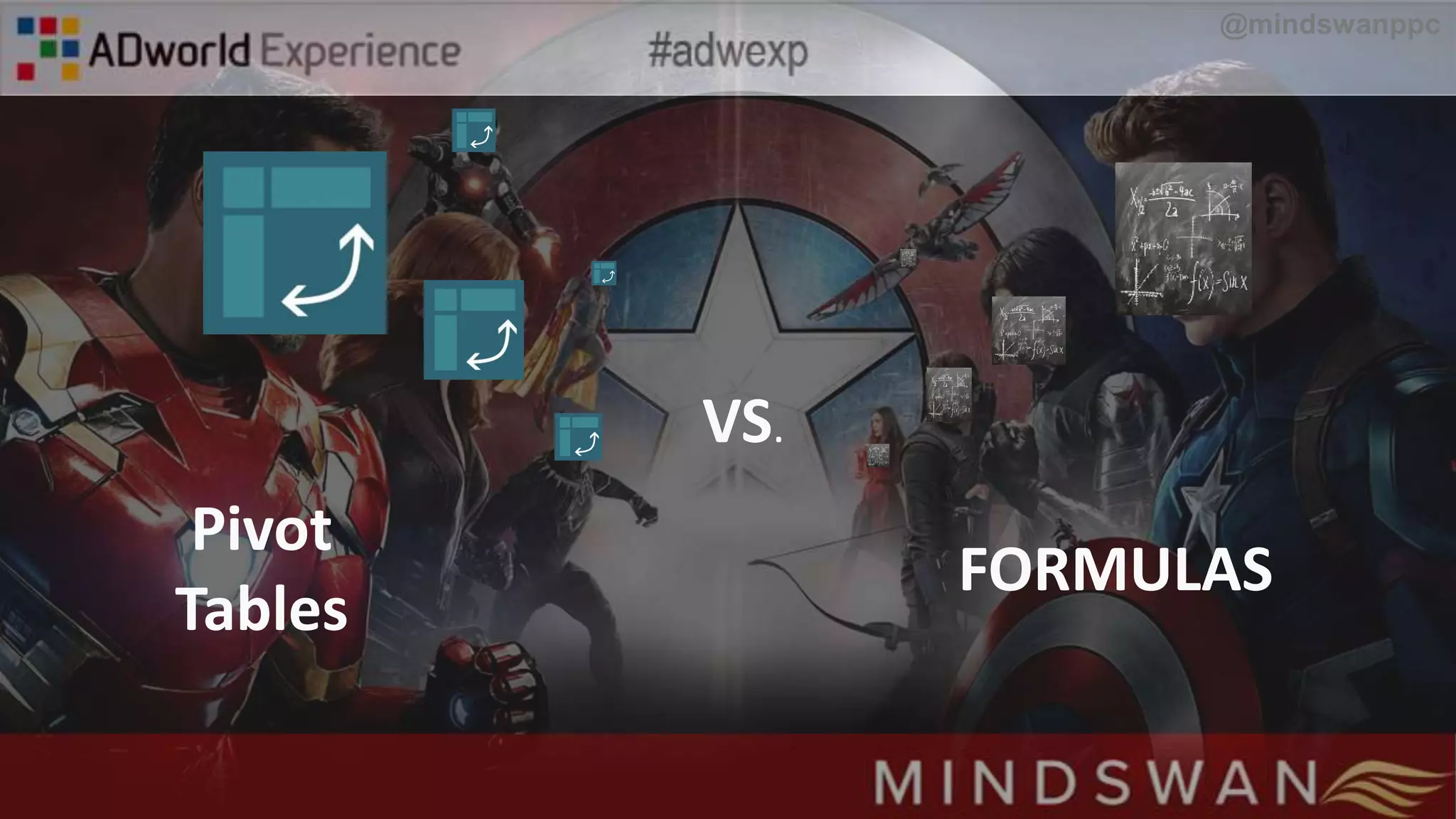 VS.
Pivot
Tables
FORMULAS
@mindswanppc
 