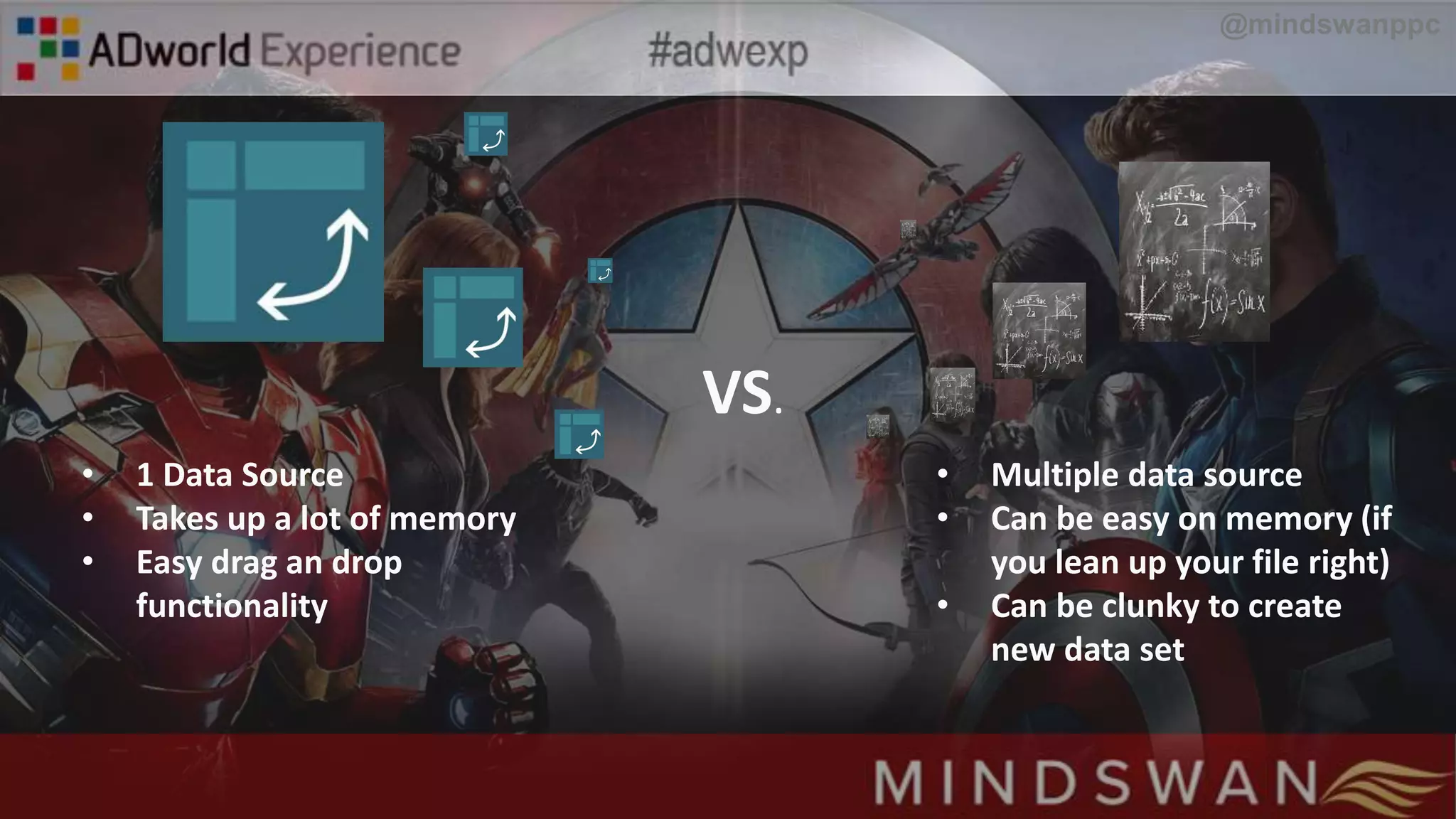 VS.
• Multiple data source
• Can be easy on memory (if
you lean up your file right)
• Can be clunky to create
new data set
• 1 Data Source
• Takes up a lot of memory
• Easy drag an drop
functionality
@mindswanppc
 