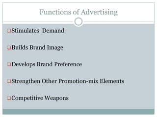 Functions of Advertising
Stimulates Demand
Builds Brand Image
Develops Brand Preference
Strengthen Other Promotion-mix Elements
Competitive Weapons
 