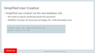 Copyright © 2018, Oracle and/or its affiliates. All rights reserved. |
Simplified User Creation
• Simplified user creation via the new database role
– No need to specify anything except the password
– DWROLE includes all necessary privileges for a DW developer/user
create user sh identified by sh;
grant dwrole to sh;
 