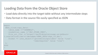 Copyright © 2018, Oracle and/or its affiliates. All rights reserved. |
Loading Data from the Oracle Object Store
• Load data directly into the target table without any intermediate steps
• Data format in the source file easily specified as JSON
begin
dbms_cloud.copy_data(
table_name =>'CHANNELS',
credential_name =>'OBJ_STORE_CRED',
file_uri_list =>'https://swiftobjectstorage.us-ashburn-
1.oraclecloud.com/v1/dwcsdemo/DEMO_DATA/chan_v3.dat',
format => json_object('ignoremissingcolumns' value 'true',
'removequotes' value 'true')
);
end;
/
 