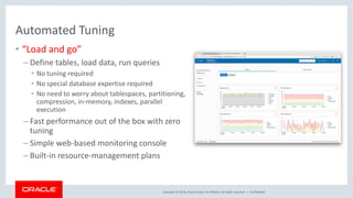 Copyright © 2018, Oracle and/or its affiliates. All rights reserved. |
Automated Tuning
• “Load and go”
– Define tables, load data, run queries
• No tuning required
• No special database expertise required
• No need to worry about tablespaces, partitioning,
compression, in-memory, indexes, parallel
execution
– Fast performance out of the box with zero
tuning
– Simple web-based monitoring console
– Built-in resource-management plans
Confidential
 