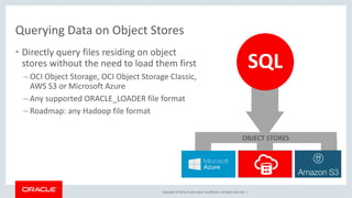 Copyright © 2018, Oracle and/or its affiliates. All rights reserved. |
Querying Data on Object Stores
• Directly query files residing on object
stores without the need to load them first
– OCI Object Storage, OCI Object Storage Classic,
AWS S3 or Microsoft Azure
– Any supported ORACLE_LOADER file format
– Roadmap: any Hadoop file format
ADWC
OBJECT STORES
SQL
 