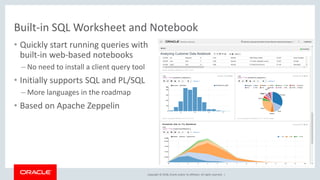 Copyright © 2018, Oracle and/or its affiliates. All rights reserved. |
Built-in SQL Worksheet and Notebook
• Quickly start running queries with
built-in web-based notebooks
– No need to install a client query tool
• Initially supports SQL and PL/SQL
– More languages in the roadmap
• Based on Apache Zeppelin
 