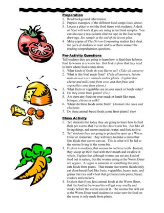 Preparation
1. Read background information.
2. Prepare examples of the different food scraps listed above.
3. Locate a place to sort the food items with students. A desk
or floor will work if you are using actual food samples. You
can also use a two-column chart to tape on the food scrap
drawings. See sample at the end of the lesson plan.
4. Make copies of The Dirt on Composting student fact sheet
for pairs of students to read, and have them answer the
reading comprehension questions.
Pre-Activity Questions
Tell students they are going to learn how to feed their leftover
food to worms in a worm bin. But first explain that they need
to learn where food comes from.
1. What kinds of foods do you like to eat? (Take all answers)
2. What is this food made from? (Take all answers, but the
main answers are animals and/or plants. Explain that
cheese and milk come from cows and that fruits and
vegetables come from plants.)
3. What fruits or vegetables are in your snack or lunch today?
4. Do they come from plants? (Yes)
5. Are there any foods in your snack or lunch like meat,
bologna, cheese or milk?
6. Where do these foods come from? (Animals like cows and
chickens)
7. Do these animal-based foods come from plants? (No)
Class Activity
1. Tell students that today they are going to learn how to feed
their pet worms that live in the class worm bin. Just like all
living things, red worms need air, water, and food to live.
2. Tell students they are going to pretend to open up a Worm
Diner or restaurant. They will need to make a menu that
lists foods that worms can eat. This is what will be fed to
the worms living in the worm bin.
3. Explain to students, that worms do not have teeth. Instead,
they scoop up their food with their mouth and swallow it
whole. Explain that although worms can eat any kind of
food out in nature, that the worms eating at the Worm Diner
are vegans. A vegan is someone or something that only
eats foods from plants. That means that worms should only
eat plant-based food like fruits, vegetables, beans, nuts, and
grains like rice and wheat that get turned into pasta, bread,
cookies and crackers.
4. Explain that if you feed animal foods at the Worm Diner,
that the food in the worm bin will get very smelly and
stinky before the worms can eat it. The worms that will eat
at the Worm Diner need students to make sure the food on
the menu is only made from plants.
 
