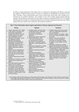In Africa, a large proportion of the labour force is employed in agriculture (60–80 per cent) and
the majority of these farmers (many of whom are women) are smallholders with farms of less
and Tanzania the average use of chemical fertilizers is less than one kg per hectare per year, which
35
Box 3. Key information about organic agriculture in Kenya, Uganda and Tanzania
Kenya Uganda Tanzania
Organic agriculture from 1980s.
Large private companies and
civil society organizations
(CSOs) have led the way with
Also smallholder farmers
organized into groups – some
are registered organic.
National representative
organization of stakeholders
(both large companies and
smallholder farmer groups) in
organic agriculture - Kenya
Organic Agriculture Network
(KOAN).
Mainly fruit and vegetables for
export market on large scale
farms but also more recently
essential oils and dried herbs
and spices.
Small but expanding domestic
market.
organic with 35,000 farmers
(2007).
Much agricultural production is
Government recently starting
to recognize role of organic
promoting organic agriculture.
Sections on organic agriculture
included in draft revisions of soil
and food policies.
smallholder farmers organized
into private companies,
supported by commercial
exporters.
Strong local organic movement.
Export market since 1994
– the main driving factor for
the development of organic
exporters in 2005 expected 22 in
2006.
organic with 60,000 farmers
(2007).
Small but expanding domestic
market.
National representative
organization of stakeholders in
organic agriculture - National
Organic Movement of Uganda
(NOGAMU).
Much agricultural production is
organic agriculture. The organic
Policy Development Committee
was created in 2003 but
progress has been slow due to
lack of funding.
Uganda Export Promotion
Board is interested in organic
agriculture.
mainly by smallholders organized
into co-operatives.
Organic cashews, pineapple, coffee,
tea, honey, herbs and spices, cotton
for export.
History of low-input traditional
farming, so much agricultural
production for domestic markets
is organic or near organic, but not
organic with 55,000 farmers (2007).
National representative organization
of stakeholders in organic agriculture
- Tanzania Organic Agriculture
Movement (TOAM) - formed in 2005.
agriculture although existing National
Agricultural Policy has clauses on
organic agriculture and chapter on
organic included in current draft
revision.
Source
International Trade Centre (UNCTAD/WTO), 2007; Draft Report of the East African Organic Conference, May 2007, available
on the UNEP-UNCTAD CBTF website at www.unep-unctad.org/cbtf.
35
 