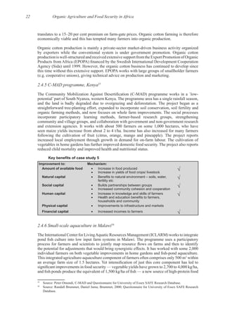 22 Organic Agriculture and Food Security in Africa
2.4.5 C-MAD programme, Kenya55
Improvement to: Mechanism:
Amount of available food Increase in food produced
Increase in yields of food crops/ livestock
Natural capital
fertility etc
Social capital Builds partnerships between groups
Increased community cohesion and cooperation
Human capital Increase in knowledge and skills of farmers
households and community
Physical capital Improvements to infrastructure and markets
Financial capital Increased incomes to farmers
2.4.6 Small-scale aquaculture in Malawi56
The International Center for LivingAquatic Resources Management (ICLARM) works to integrate
2
within
55
56
Source: Randall Brummet, Daniel Jama; Brummet, 2000; Questionnaire for University of Essex SAFE Research
 
