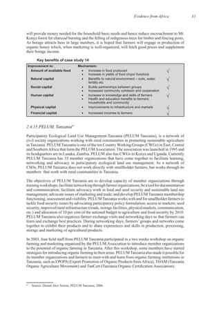 Evidence from Africa 31
As borage attracts bees in large numbers, it is hoped that farmers will engage in production of
Improvement to: Mechanism:
Amount of available food Increase in food produced
Increase in yields of food crops/ livestock
Natural capital
fertility etc
Social capital Builds partnerships between groups
Increased community cohesion and cooperation
Human capital Increase in knowledge and skills of farmers
households and community
Physical capital Improvements to infrastructure and markets
Financial capital Increased incomes to farmers
2.4.15 PELUM, TanzaniaPELUM, Tanzania67
civil society organizations working with rural communities in promoting sustainable agriculture
PELUM Tanzania has 33 member organizations that have come together to facilitate learning,
CSOs, PELUM Tanzania does not work directly with smallholder farmers, but works through its
The objectives of PELUM Tanzania are to develop capacity of member organizations through
trainingworkshops;facilitatenetworkingthroughfarmerorganizations;beatoolfordocumentation
and communication; facilitate advocacy work in food and seed security and sustainable land use
management; advocate issues of marketing and trade; and develop PELUM Tanzania membership
tackle food security issues by advocating participatory policy formulation; access to markets; seed
security, improved rural infrastructure (roads, storage facilities, physical markets, communication,
PELUM Tanzania also organizes farmer exchange visits and networking days so that farmers can
together to exhibit their products and to share experiences and skills in production, processing,
farming and marketing organized by the PELUM Association to introduce member organizations
its member organizations and farmers to meet with and learn from organic farming institutions in
Tanzania, such as EPOPA(Export Promotion of Organic Products fromAfrica), TOAM (Tanzania
67
 