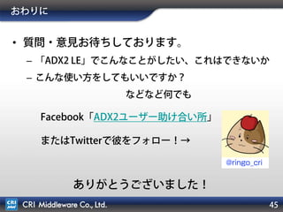 45
おわりに
• 質問・意見お待ちしております。
– 「ADX2 LE」でこんなことがしたい、これはできないか
– こんな使い方をしてもいいですか？
などなど何でも
Facebook「ADX2ユーザー助け合い所」
またはTwitterで彼をフォロー！→
ありがとうございました！
 