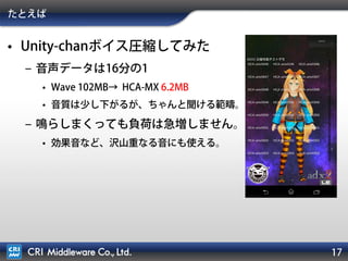 たとえば
• Unity-chanボイス圧縮してみた
– 音声データは16分の1
• Wave 102MB→ HCA-MX 6.2MB
• 音質は少し下がるが、ちゃんと聞ける範疇。
– 鳴らしまくっても負荷は急増しません。
• 効果音など、沢山重なる音にも使える。
 