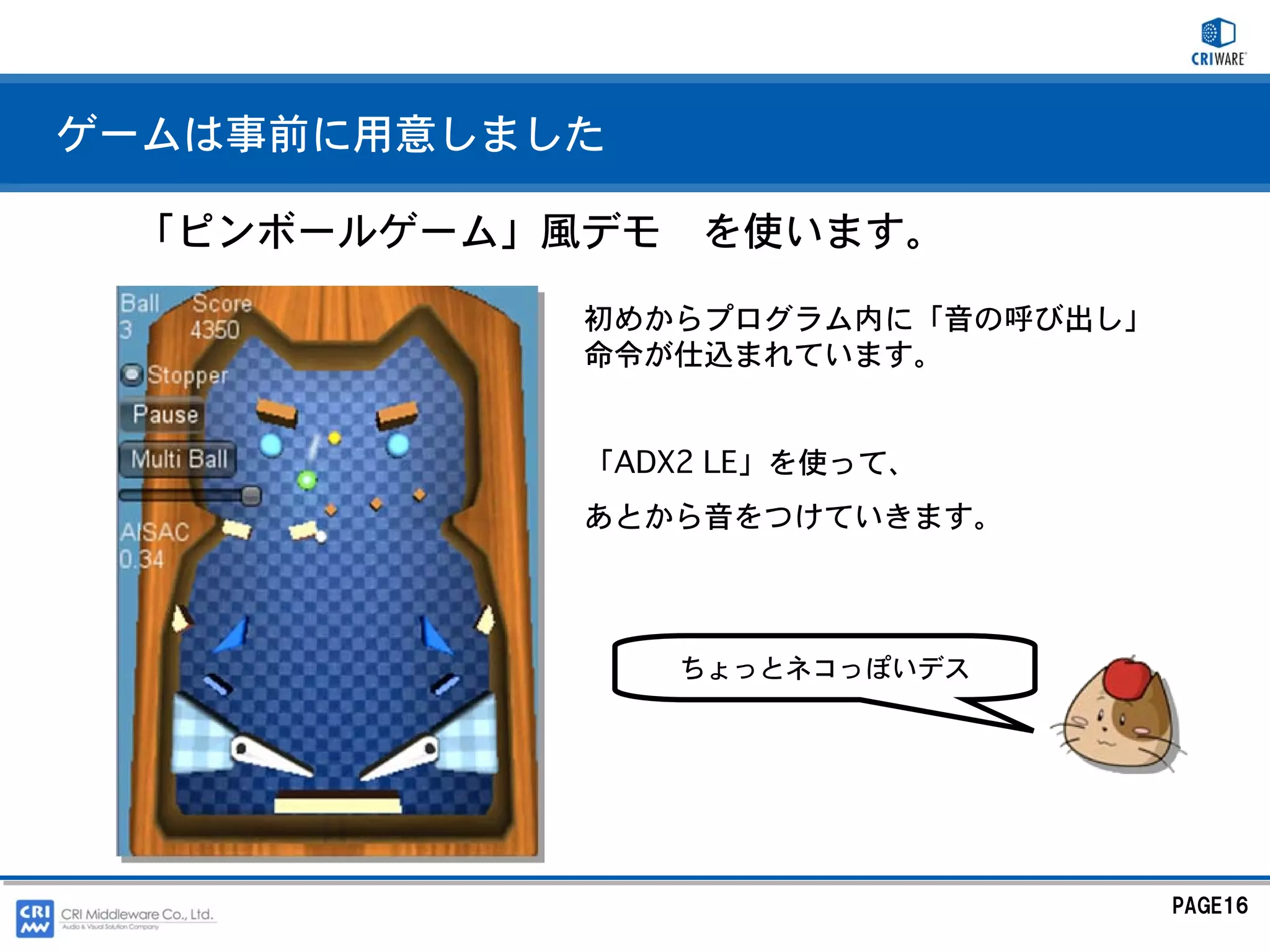 ゲームは事前に用意しました

 「ピンボールゲーム」風デモ   を使います。

            初めからプログラム内に「音の呼び出し」
            命令が仕込まれています。


            「ADX2 LE」を使って、
            あとから音をつけていきます。




                 ちょっとネコっぽいデス




                                  PAGE16
 