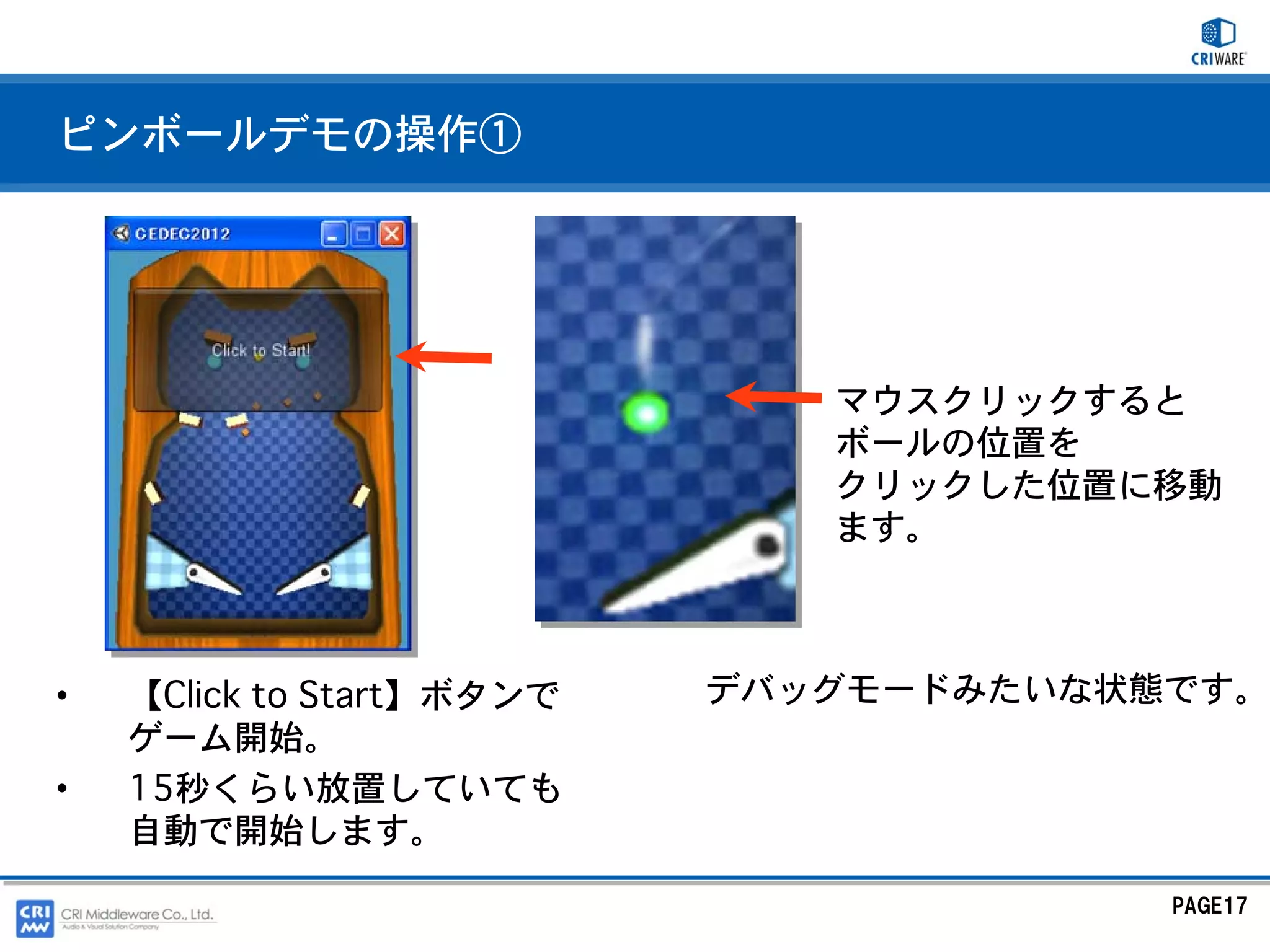 ピンボールデモの操作①




                              マウスクリックすると
                              ボールの位置を
                              クリックした位置に移動
                              ます。



•   【Click to Start】ボタンで   デバッグモードみたいな状態です。
    ゲーム開始。
•   15秒くらい放置していても
    自動で開始します。
                                        PAGE17
 