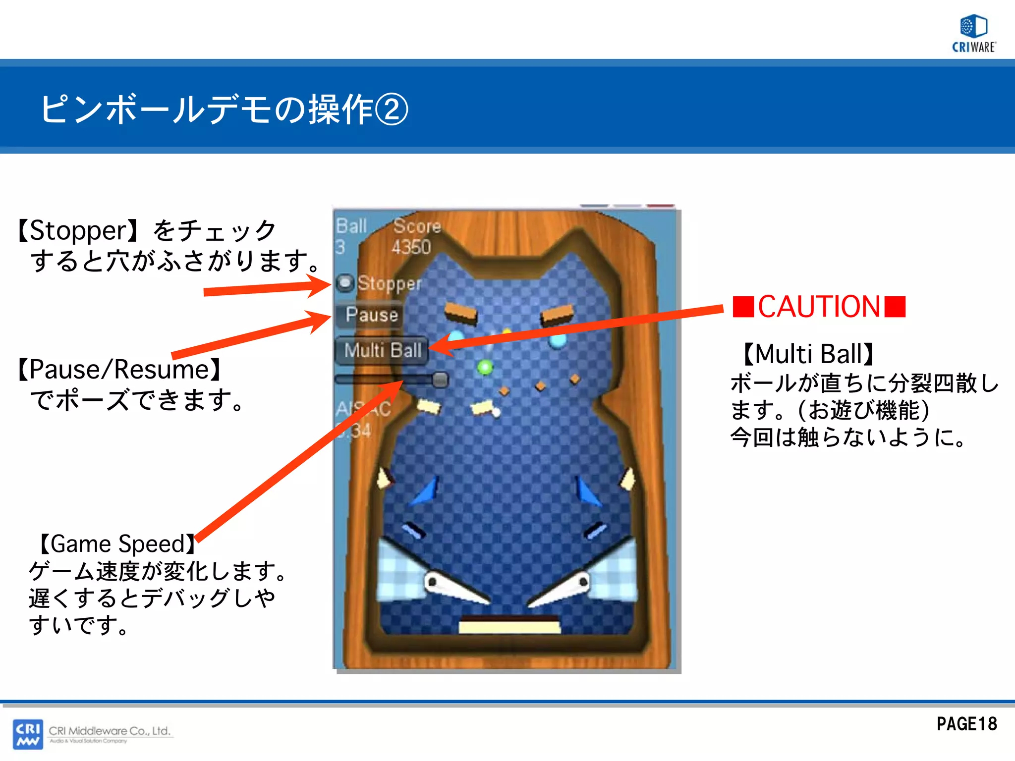 ピンボールデモの操作②


【Stopper】をチェック
 すると穴がふさがります。
                 ■CAUTION■
                 【Multi Ball】
【Pause/Resume】   ボールが直ちに分裂四散し
 でポーズできます。       ます。(お遊び機能)
                 今回は触らないように。



 【Game Speed】
 ゲーム速度が変化します。
 遅くするとデバッグしや
 すいです。



                                PAGE18
 