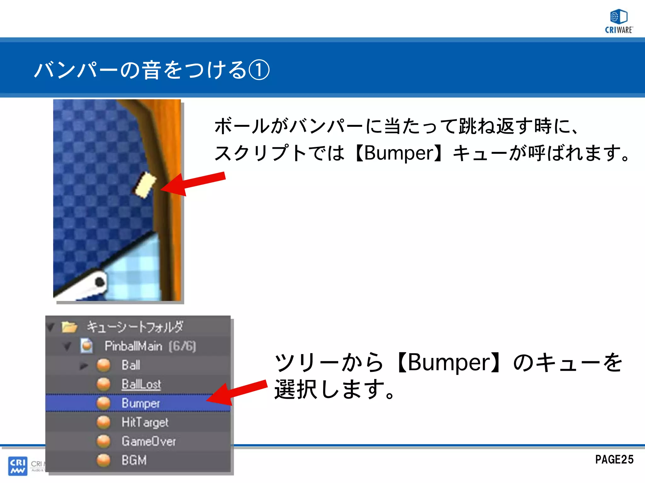 バンパーの音をつける①

        ボールがバンパーに当たって跳ね返す時に、
        スクリプトでは【Bumper】キューが呼ばれます。




              ツリーから【Bumper】のキューを
              選択します。

                              PAGE25
 