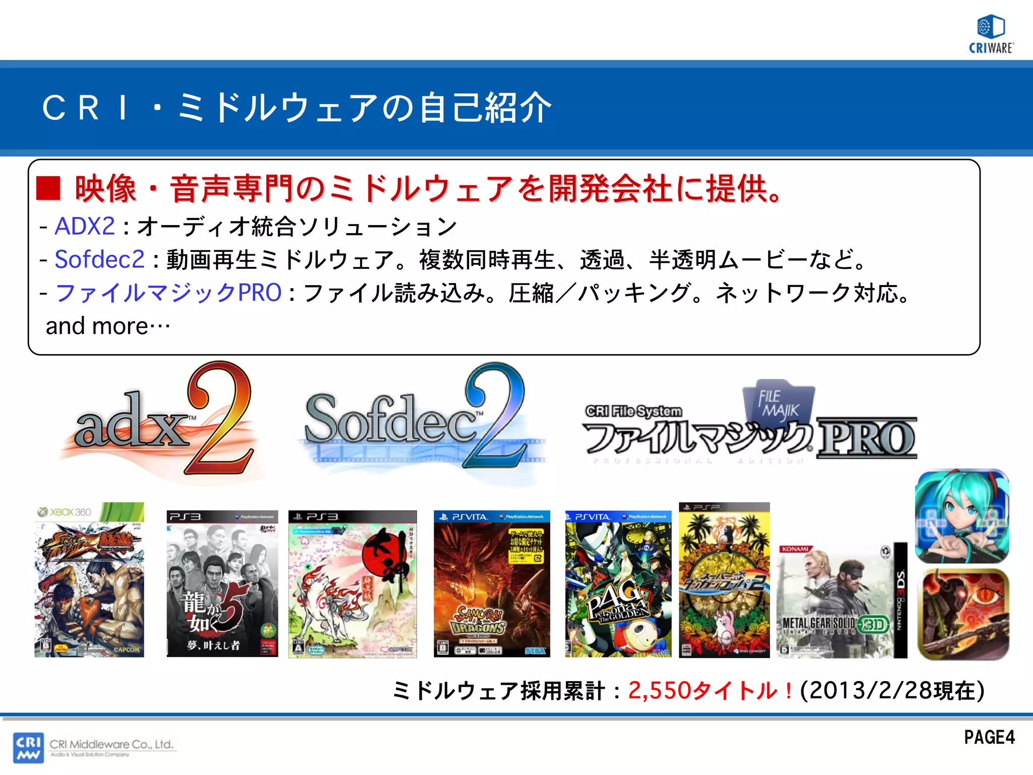 ＣＲＩ・ミドルウェアの自己紹介

■ 映像・音声専門のミドルウェアを開発会社に提供。
- ADX2 : オーディオ統合ソリューション
- Sofdec2 : 動画再生ミドルウェア。複数同時再生、透過、半透明ムービーなど。
- ファイルマジックPRO : ファイル読み込み。圧縮／パッキング。ネットワーク対応。
 and more⋯




                 ミドルウェア採用累計：2,550タイトル！(2013/2/28現在)

                                                 PAGE4
 