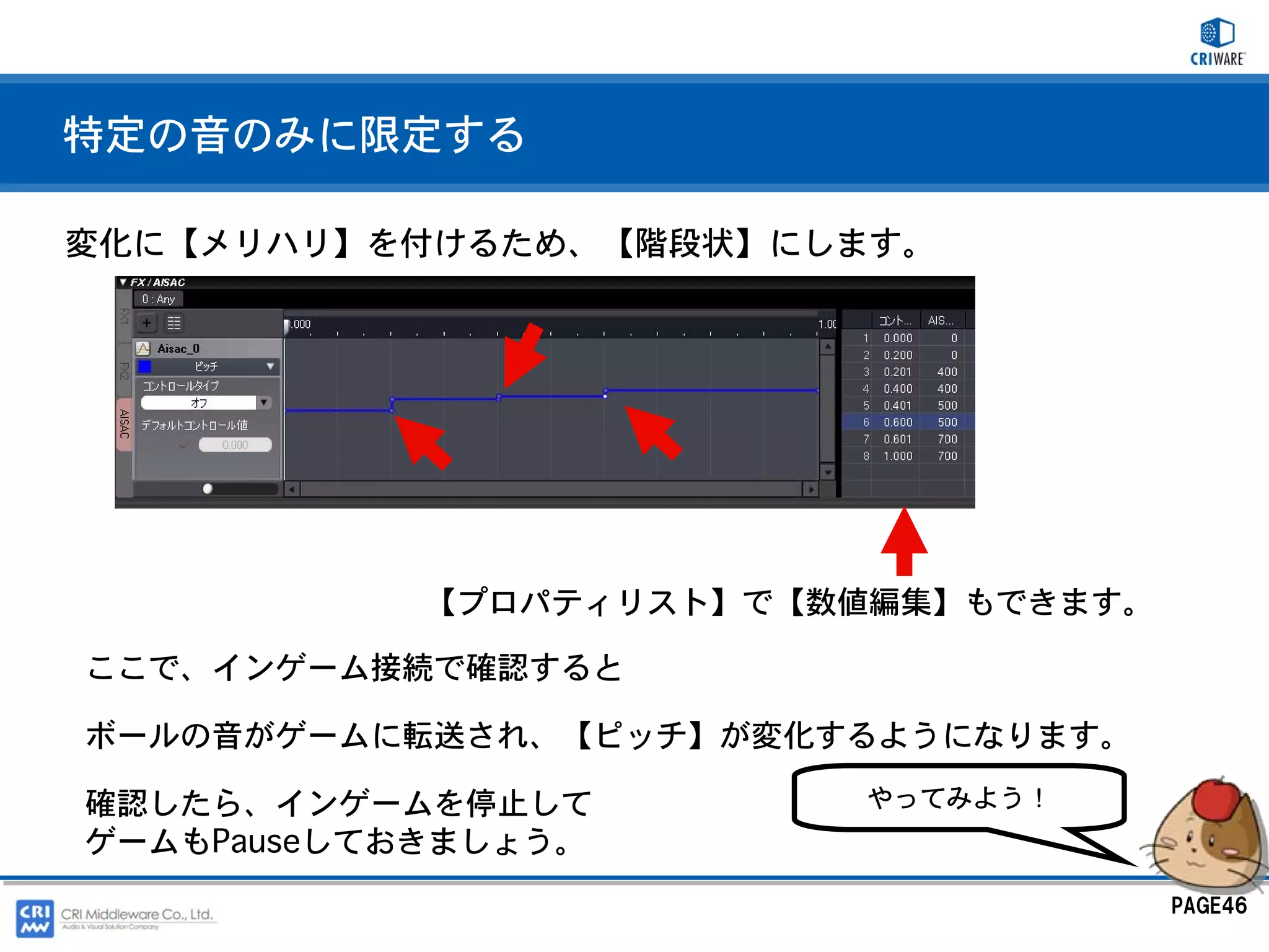 特定の音のみに限定する

変化に【メリハリ】を付けるため、【階段状】にします。




            【プロパティリスト】で【数値編集】もできます。

ここで、インゲーム接続で確認すると

ボールの音がゲームに転送され、【ピッチ】が変化するようになります。

確認したら、インゲームを停止して         やってみよう！
ゲームもPauseしておきましょう。
                                      PAGE46
 