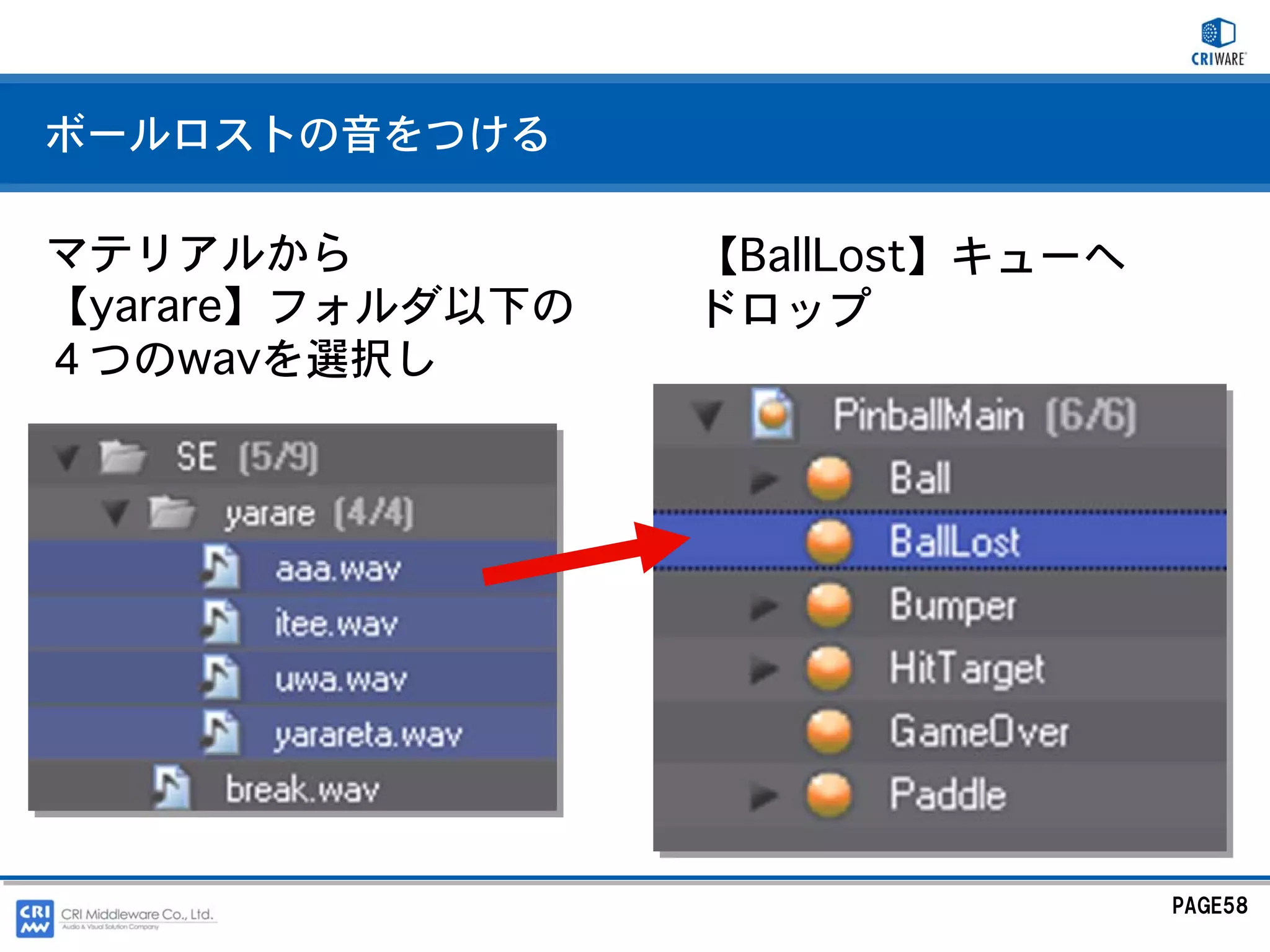 ボールロストの音をつける

マテリアルから           【BallLost】キューへ
【yarare】フォルダ以下の   ドロップ
４つのwavを選択し




                                   PAGE58
 