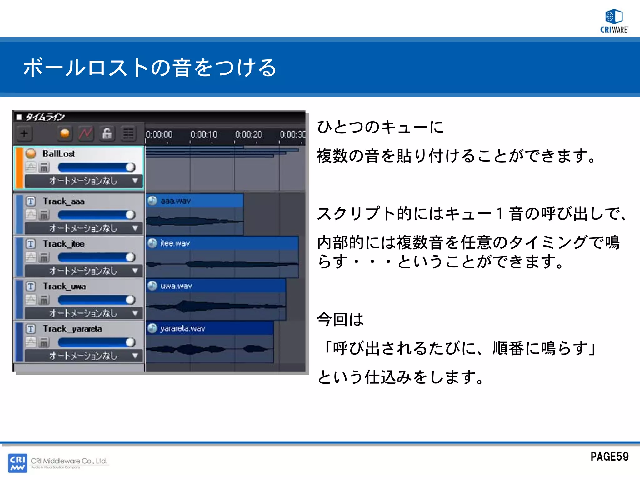 ボールロストの音をつける

               ひとつのキューに
               複数の音を貼り付けることができます。


               スクリプト的にはキュー１音の呼び出しで、
               内部的には複数音を任意のタイミングで鳴
               らす・・・ということができます。


               今回は
               「呼び出されるたびに、順番に鳴らす」
               という仕込みをします。



                                PAGE59
 