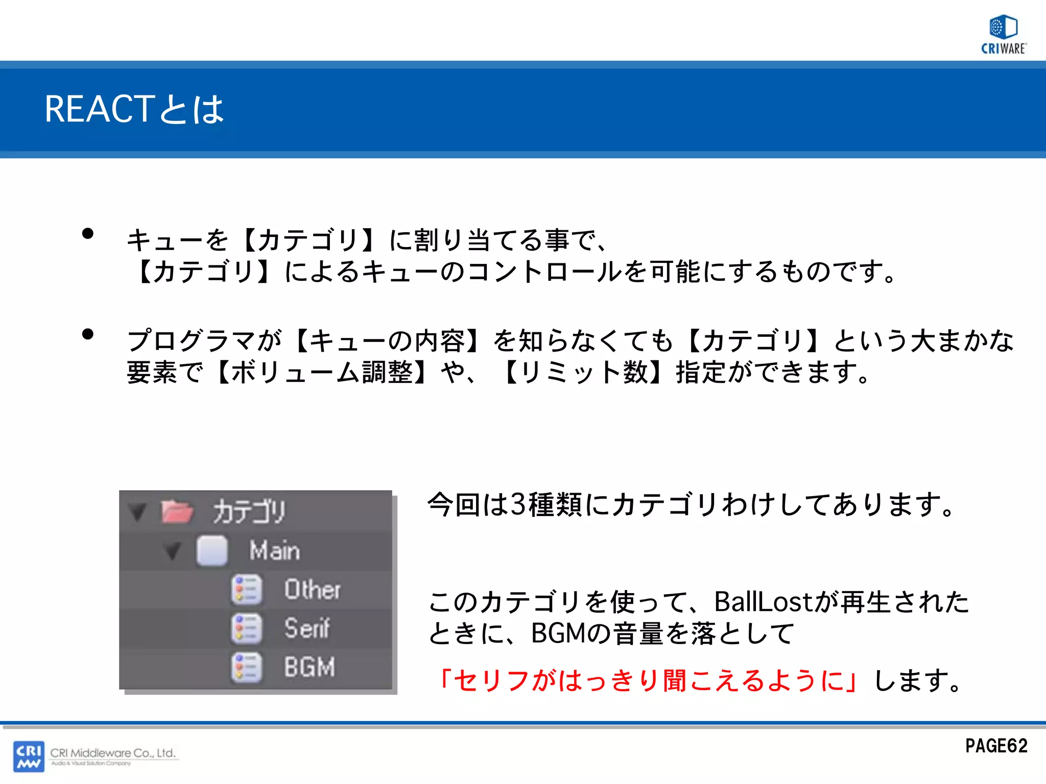 REACTとは


 •   キューを【カテゴリ】に割り当てる事で、
     【カテゴリ】によるキューのコントロールを可能にするものです。

 •   プログラマが【キューの内容】を知らなくても【カテゴリ】という大まかな
     要素で【ボリューム調整】や、【リミット数】指定ができます。




                今回は3種類にカテゴリわけしてあります。


                このカテゴリを使って、BallLostが再生された
                ときに、BGMの音量を落として
                「セリフがはっきり聞こえるように」します。

                                        PAGE62
 