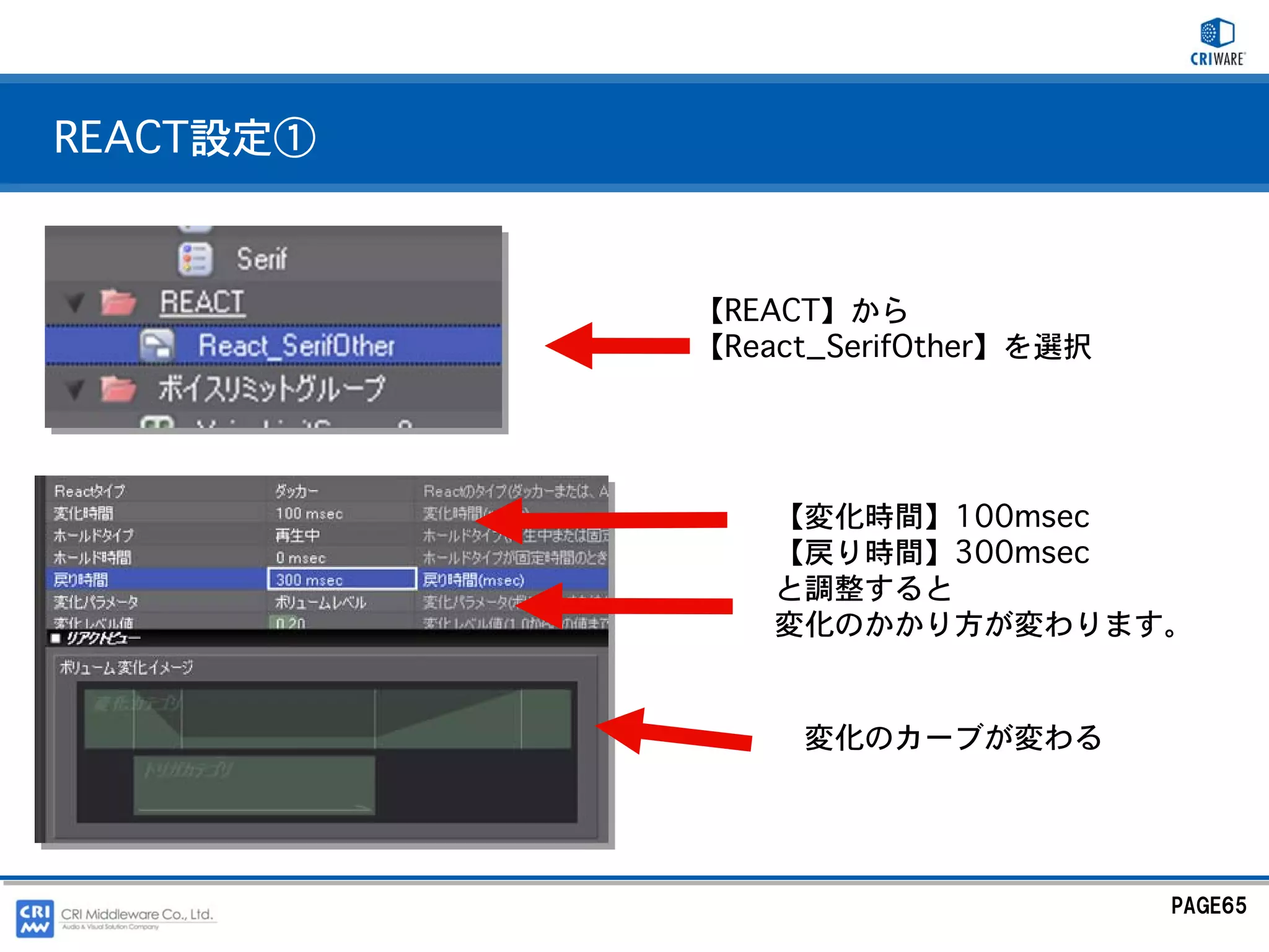 REACT設定①


           【REACT】から
           【React_SerifOther】を選択




               【変化時間】100msec
               【戻り時間】300msec
               と調整すると
               変化のかかり方が変わります。


                変化のカーブが変わる




                                   PAGE65
 