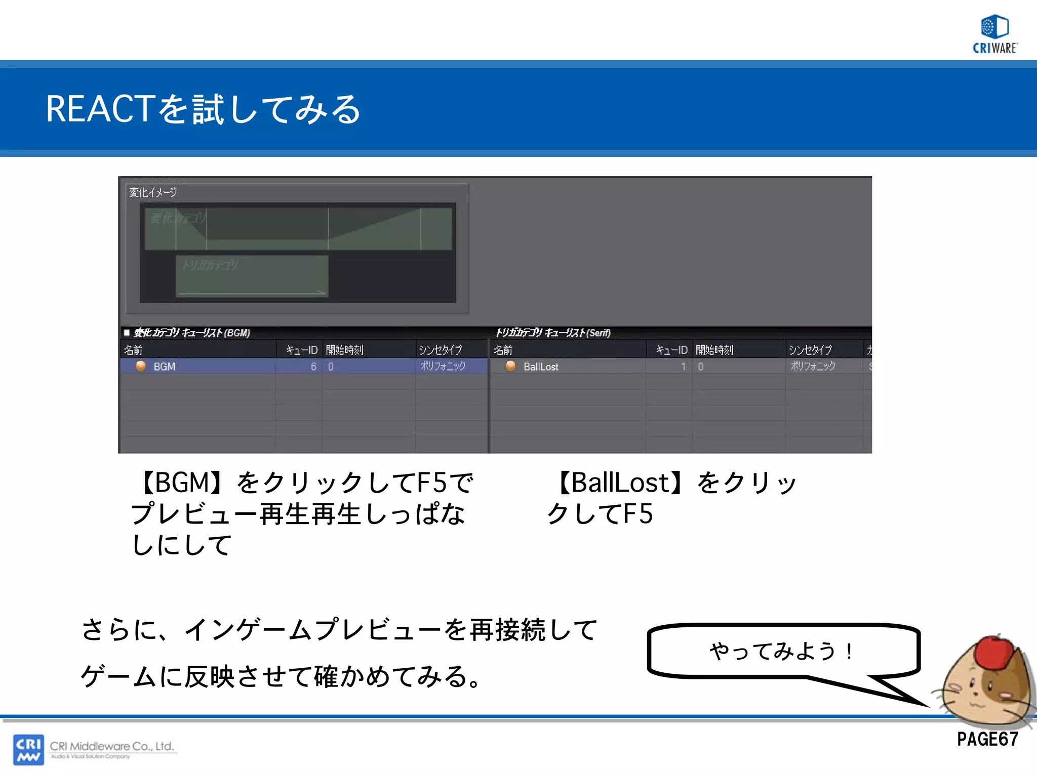 REACTを試してみる




  【BGM】をクリックしてF5で   【BallLost】をクリッ
  プレビュー再生再生しっぱな     クしてF5
  しにして


 さらに、インゲームプレビューを再接続して
                            やってみよう！
 ゲームに反映させて確かめてみる。

                                      PAGE67
 
