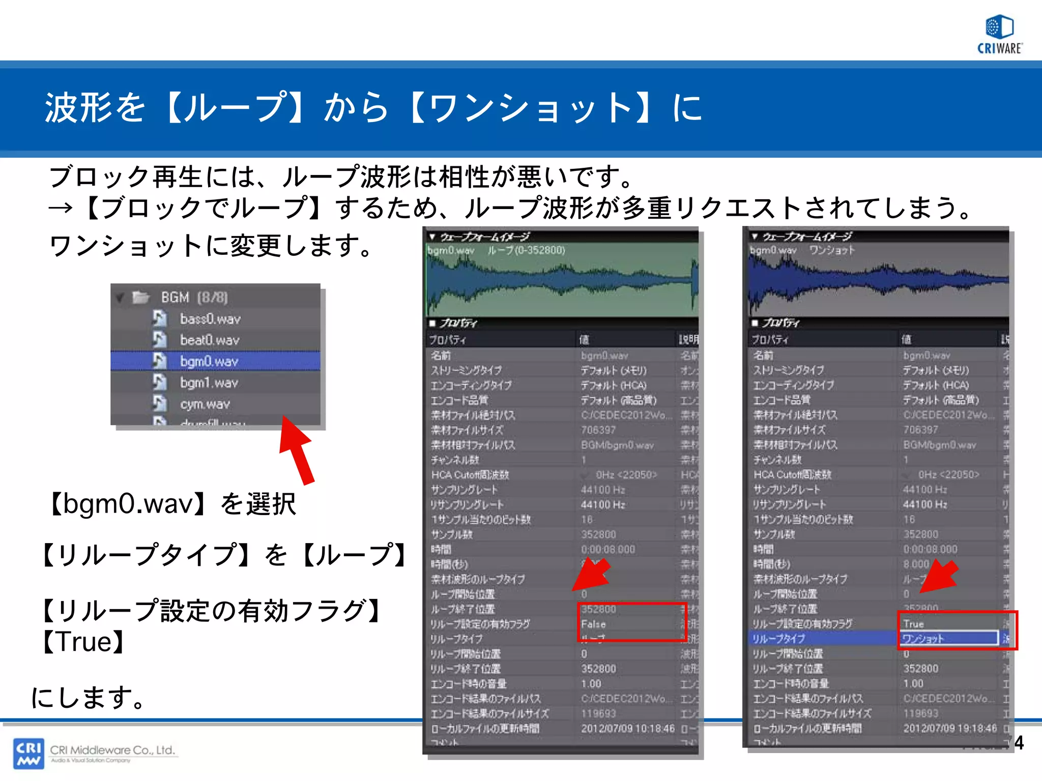 波形を【ループ】から【ワンショット】に
ブロック再生には、ループ波形は相性が悪いです。
→【ブロックでループ】するため、ループ波形が多重リクエストされてしまう。
ワンショットに変更します。




【bgm0.wav】を選択
【リループタイプ】を【ループ】

【リループ設定の有効フラグ】
【True】

にします。
                                   PAGE74
 