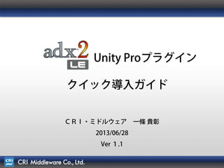 1
Unity Proプラグイン
クイック導入ガイド
ＣＲＩ・ミドルウェア 一條 貴彰
2013/08/26
Ver １.2
 