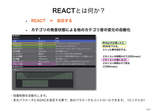 鷡դȤϺΤ
     ?   REACT??ꤹ

     ?   ƥΰk״BˤΥƥΉ仯Ԅӻ


                                (Serif)Qä
                                BGM¤롣?
                                Ȥä¤O롣


                                ɤ줯餤Εrg(200msec)
                                ɤΤ餤΂(0.2)
                                ɤ줯餤rgƑ
                                (1000msec)




?Ԅӻޤ
?仯ѥ`AISACָ¤ǡΥѥ`⥳ȥ`ǤޤԥåȤ


                                                       111
 