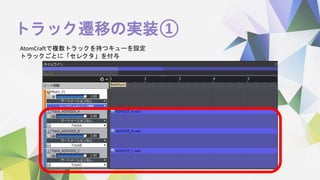 トラック遷移の実装①
AtomCraftで複数トラックを持つキューを設定
トラックごとに「セレクタ」を付与
 